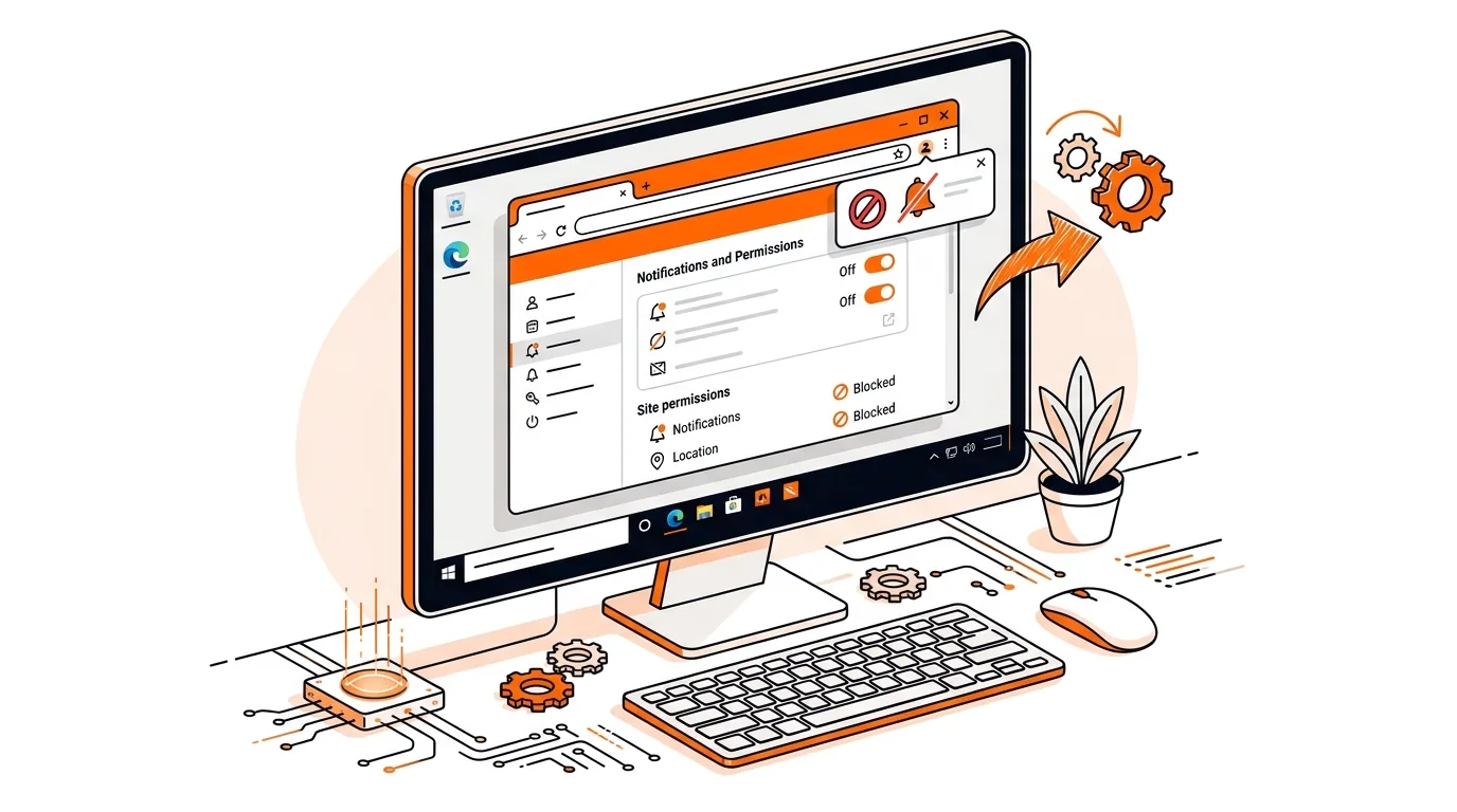 Isometric browser window with blocked notification alerts on a Windows desktop