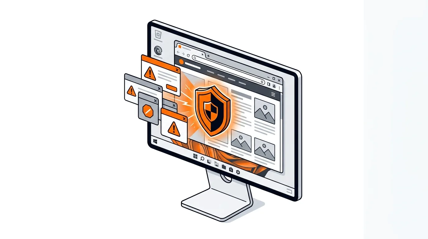 Isometric computer screen with scam pop-ups blocked by a security shield