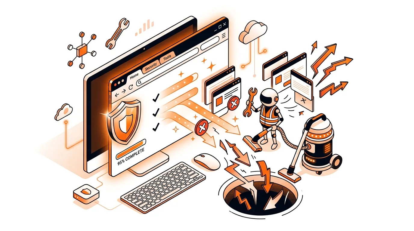 Isometric browser cleanup scene with pop-ups, rogue extensions, and a security shield