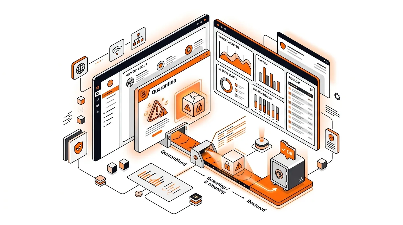 Isometric security dashboard showing a quarantined file being restored safely
