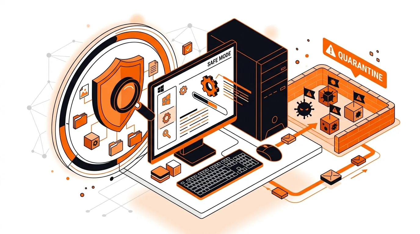 Isometric computer malware scan with shield and quarantine icons