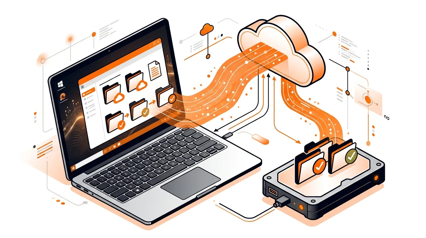 Isometric laptop showing cloud files being saved locally for offline access