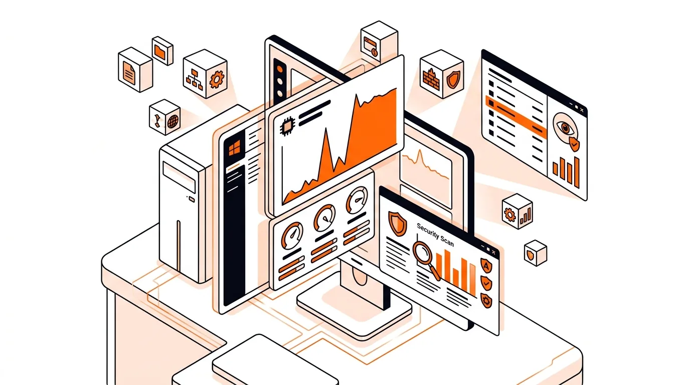 Isometric computer dashboard with a CPU spike and security scan indicators