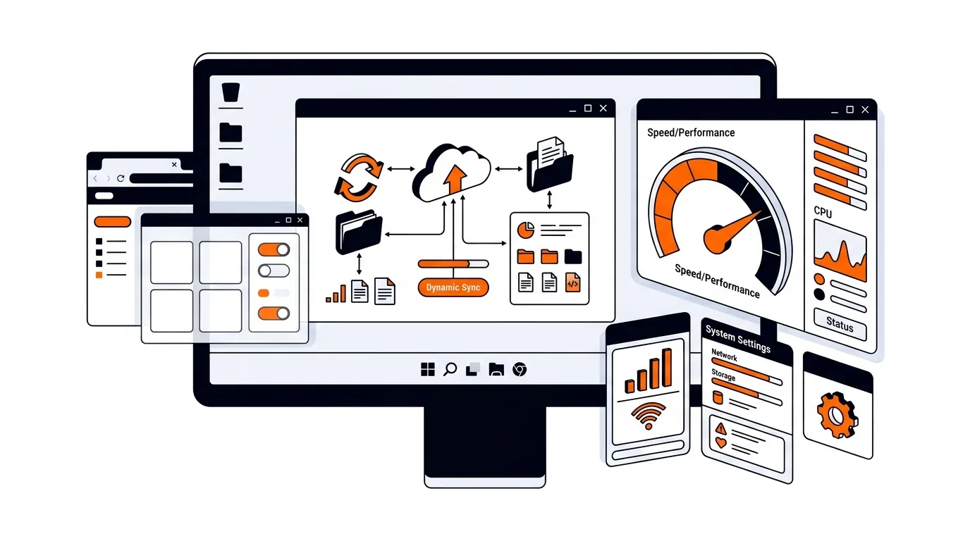 Isometric Windows computer with cloud sync icons and performance settings
