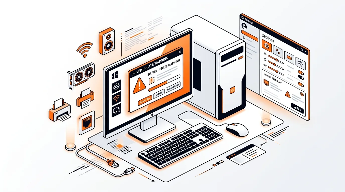 Isometric computer with driver warning and update control icons