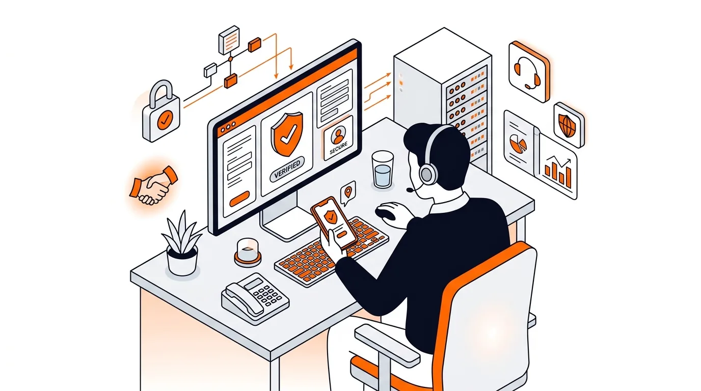 Person checking a support call on phone and computer with security icons