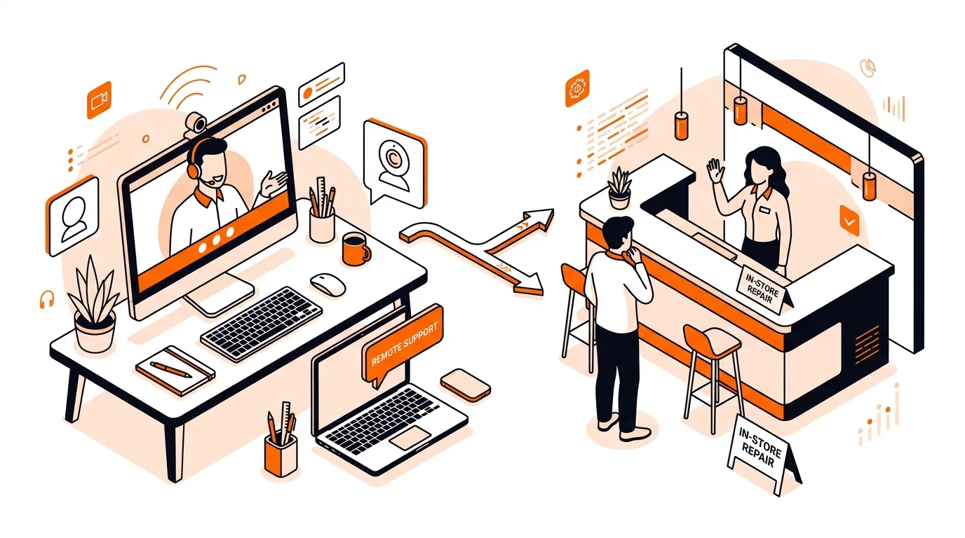 Isometric computer webcam troubleshooting scene with remote support and store visit options