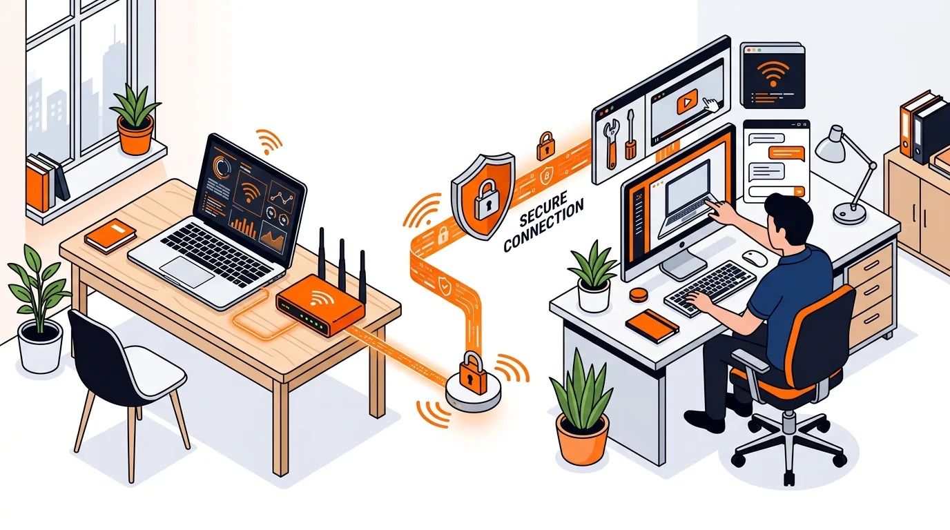Isometric laptop and router with remote technician assisting a home Wi-Fi issue