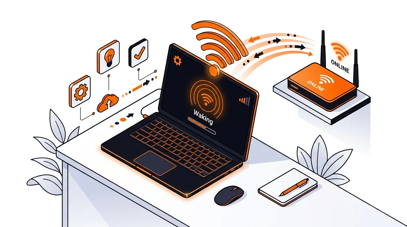 Isometric laptop reconnecting to a home Wi-Fi router after waking from sleep