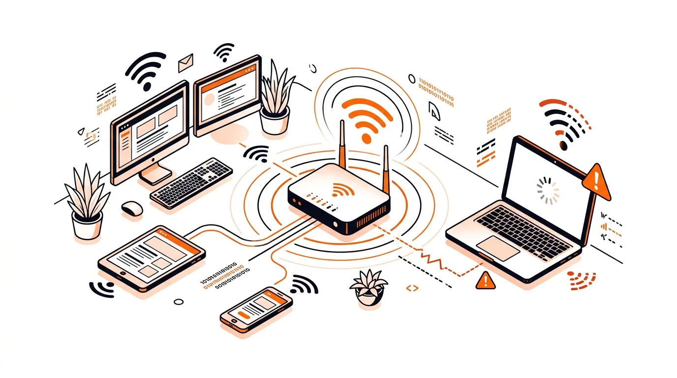 Router with multiple connected devices and one laptop showing a weak Wi-Fi link