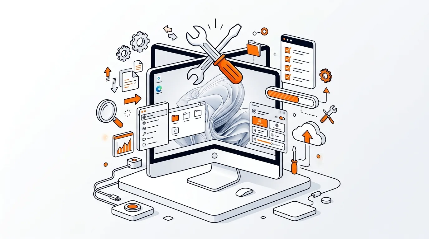 Isometric Windows 11 desktop with blank taskbar and repair tools