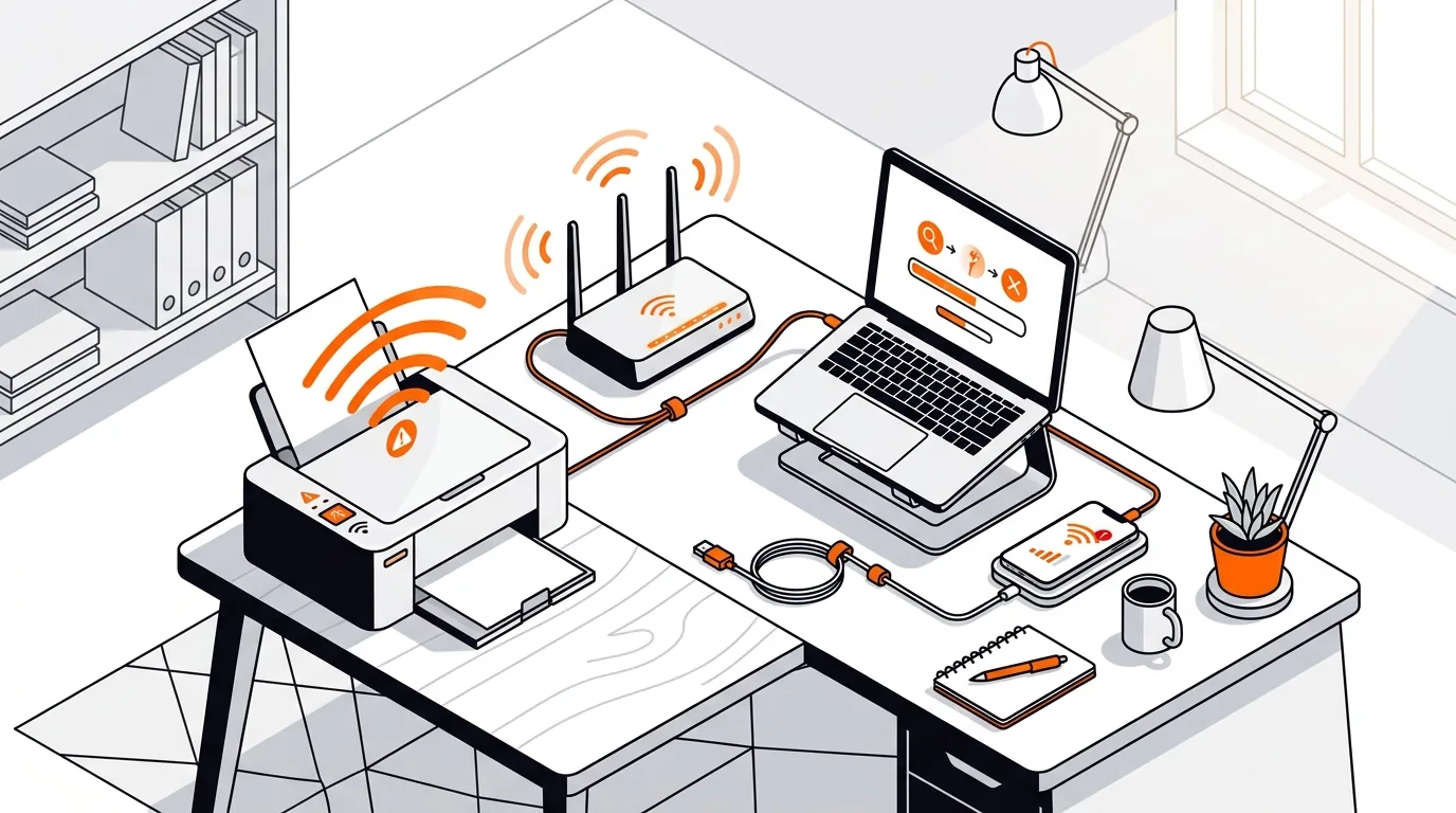 Isometric home office with wireless printer, router, and laptop during troubleshooting